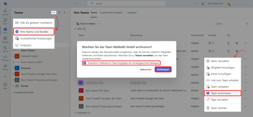 Microsoft Teams Team inkl Kanäle archivieren Anleitung