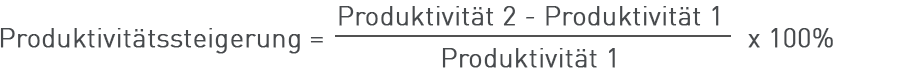 Produktivitätssteigerung = (Produktivität2-Produktivität1 )/(Produktivität1 ) x 100 %