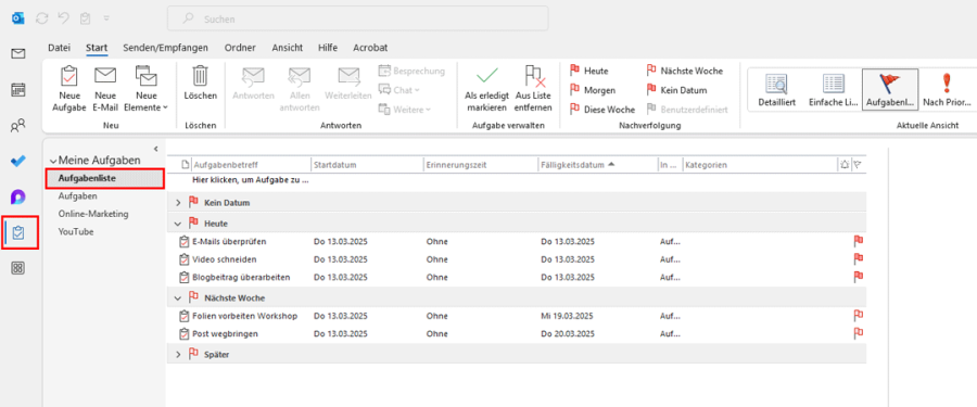 Outlook Aufgaben organisieren - Aufgabenliste