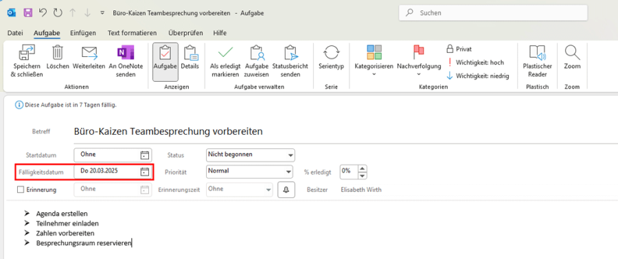 Outlook Aufgaben organisieren - Fälligkeitsdatum festlegen