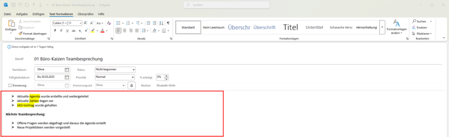 Outlook Aufgaben Aufgabenbearbeitung