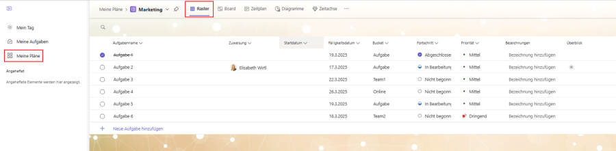 Microsoft Planner Ansichten: Meine Pläne - Raster