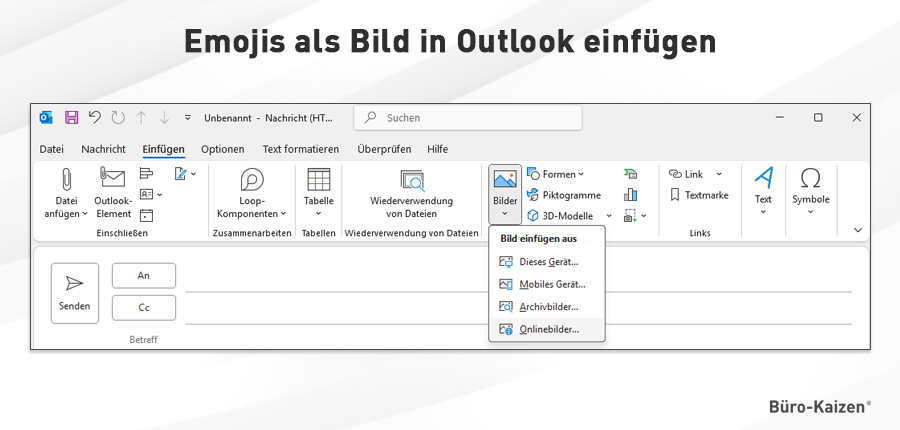 Smileys in Outlook über die Option "Onlinebilder" in eine Mail einfügen.