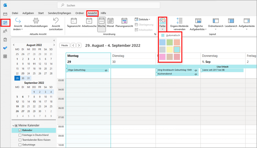 Outlook Kalender ändert Farbe 