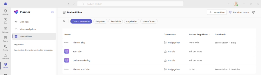 Planner App in Teams - Meine Pläne
