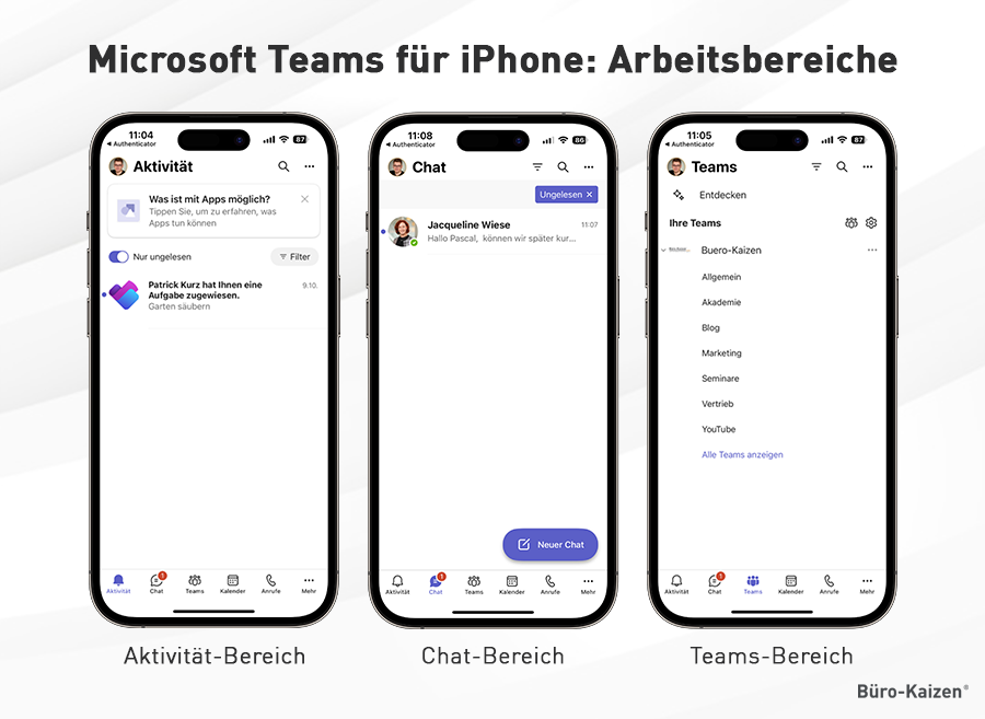 Microsoft Teams für iPhone: Die drei zentralen Arbeitsbereiche "Aktivität", "Chat" und "Teams".